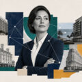 Professional woman in a navy blazer stands confidently amid a collage of city buildings and network lines.