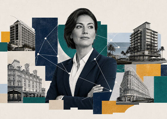 Professional woman in a navy blazer stands confidently amid a collage of city buildings and network lines.