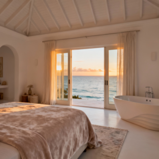 Bedroom with white vaulted ceiling and beige bedding, opening to an ocean view through sliding glass doors at sunset.
