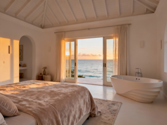 Bedroom with white vaulted ceiling and beige bedding, opening to an ocean view through sliding glass doors at sunset.
