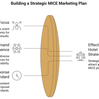 Diagram of a lens-shaped model with three inputs—Segment Focus, Demand Influence, and Response Standard—feeding into an orange central lens, producing an 'Effective MICE Hotel Marketing Strategy' output with a hotel icon.