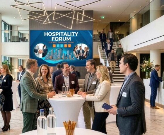 Professionals networking at round high tables in a bright modern lobby with a blue Hospitality Forum banner in the background.