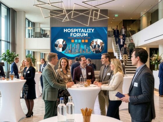Professionals networking at a Hospitality Forum in a modern lobby with a large blue banner reading 'HOSPITALITY FORUM'.