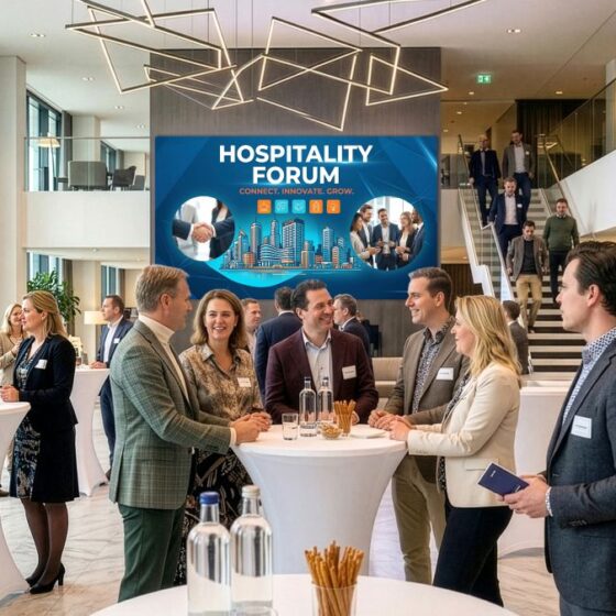 Professionals networking at a Hospitality Forum in a modern lobby with a large blue banner reading 'HOSPITALITY FORUM'.