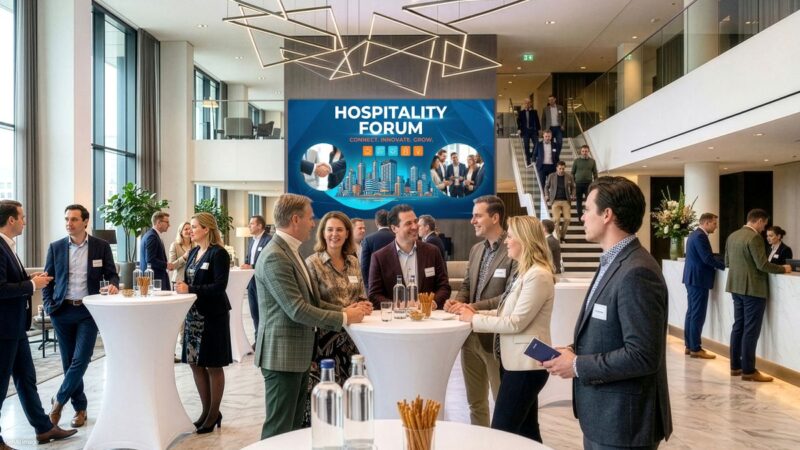 Professionals networking at a Hospitality Forum in a modern lobby with a large blue banner reading 'HOSPITALITY FORUM'.