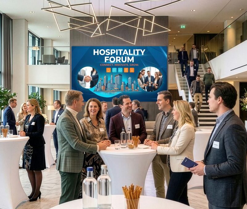 Professionals networking at a Hospitality Forum in a modern lobby with a large blue banner reading 'HOSPITALITY FORUM'.