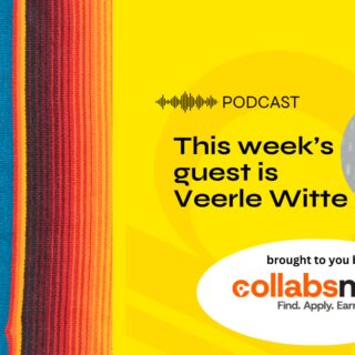 Bright yellow podcast banner announcing guest Veerle Witte with a circular photo and a striped fabric pattern on the left.