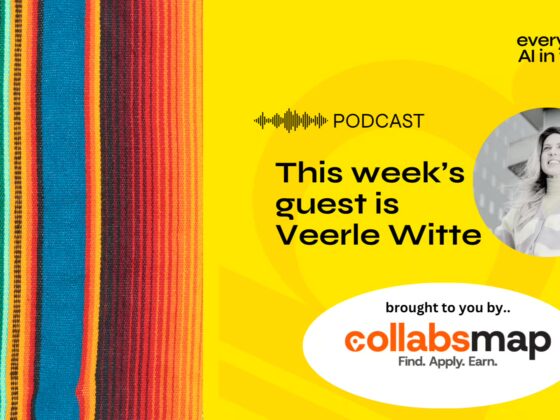 Bright yellow podcast banner announcing guest Veerle Witte with a circular photo and a striped fabric pattern on the left.