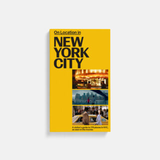 Bright yellow magazine cover with bold black text reading 'On Location in NEW YORK CITY' and a vertical column of photos showing NYC scenes, like a bar or landmarks (informational cover image).