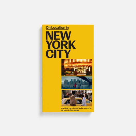 Bright yellow magazine cover with bold black text reading 'On Location in NEW YORK CITY' and a vertical column of photos showing NYC scenes, like a bar or landmarks (informational cover image).