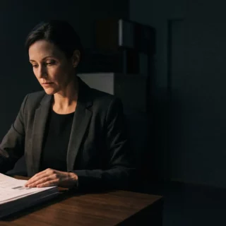 Professional woman in a blazer sits at a wooden desk, reading papers as city lights glow outside the window at dusk.