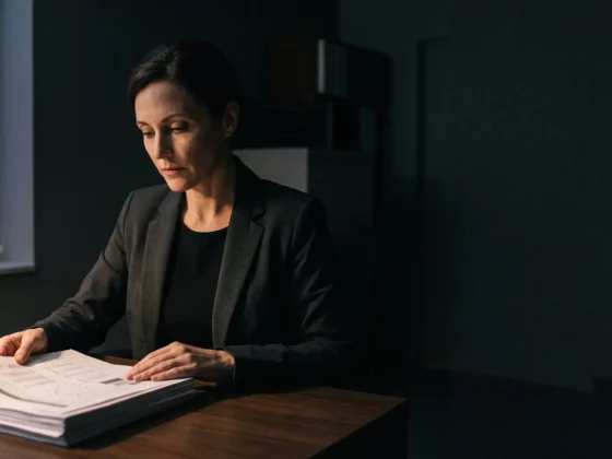 Professional woman in a blazer sits at a wooden desk, reading papers as city lights glow outside the window at dusk.