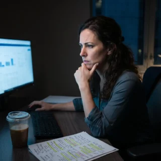 Woman sits at a desk with two monitor screens showing charts, hand on chin in thoughtful pose during a nighttime work session with a coffee cup and highlighted documents nearby