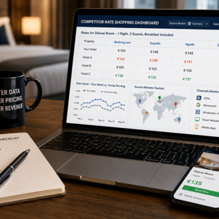 Laptop screen showing a hotel rate dashboard with price comparisons and maps on a desk setup