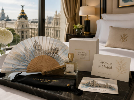 Luxurious hotel room setup with a black tray displaying Island Whisper Atelier items: a decorative fan, perfume bottle, and a boxed set beside a welcome card.