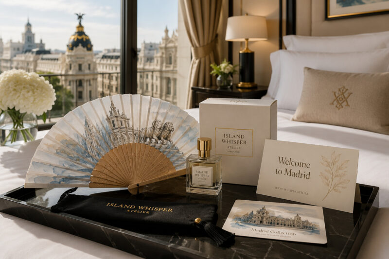 Luxurious hotel room setup with a black tray displaying Island Whisper Atelier items: a decorative fan, perfume bottle, and a boxed set beside a welcome card.