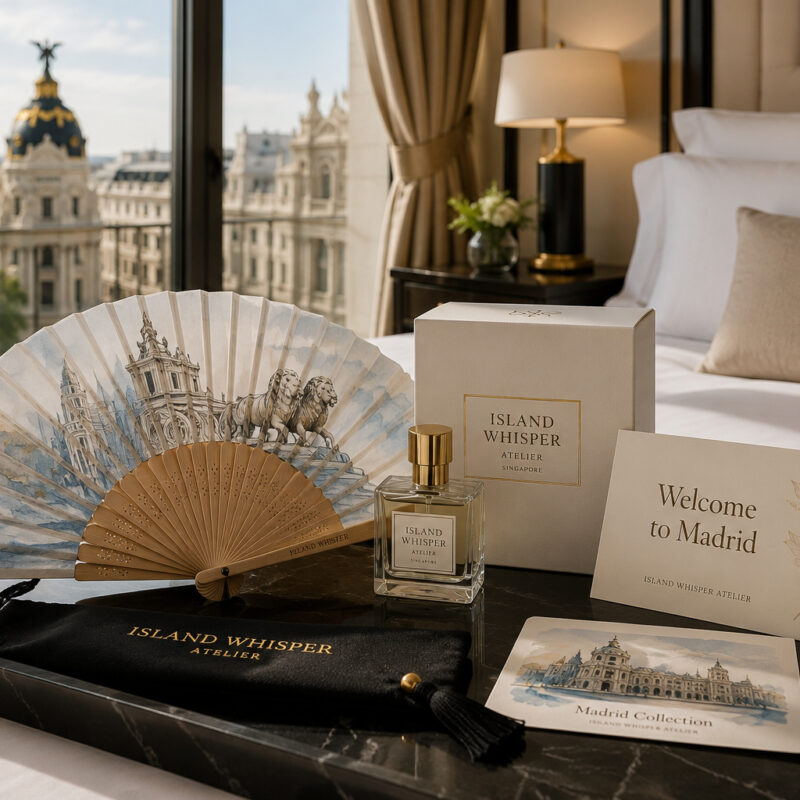 Luxurious hotel room setup with a black tray displaying Island Whisper Atelier items: a decorative fan, perfume bottle, and a boxed set beside a welcome card.