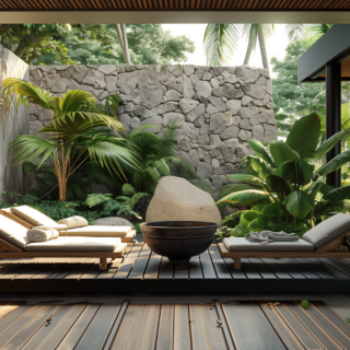 Outdoor lounge area with wooden sun loungers, towels, and a central round fire pit, surrounded by tropical plants and a stone wall.