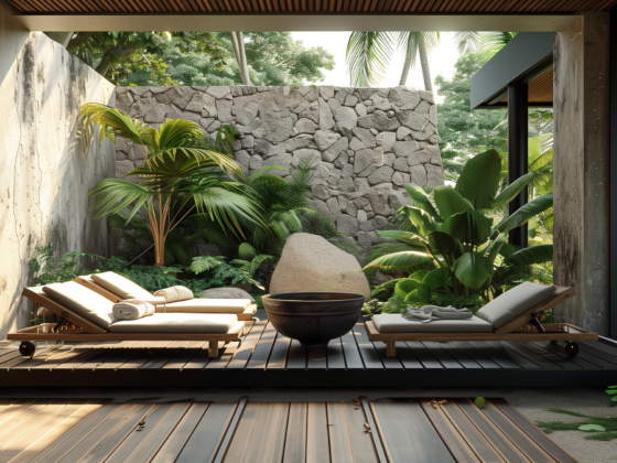 Outdoor lounge area with wooden sun loungers, towels, and a central round fire pit, surrounded by tropical plants and a stone wall.