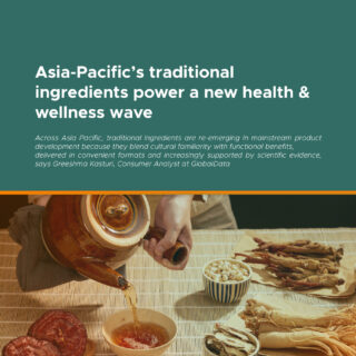 Cover image for an article: 'Asia-Pacific's traditional ingredients power a new health & wellness wave' with a food spread visible at the bottom and a teal header. Visually branded with Saladplate and GlobalData marks at the top/bottom bar.