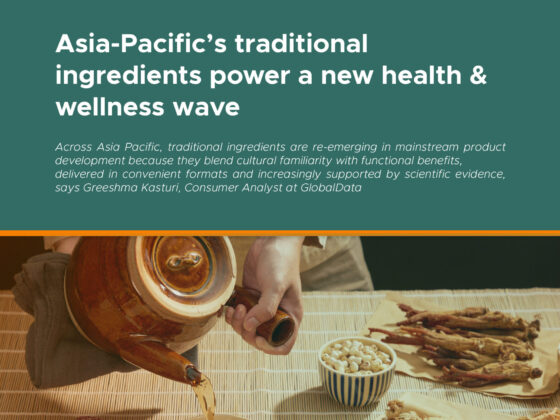 Cover image for an article: 'Asia-Pacific's traditional ingredients power a new health & wellness wave' with a food spread visible at the bottom and a teal header. Visually branded with Saladplate and GlobalData marks at the top/bottom bar.