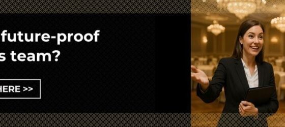 Promotional banner: a businesswoman conversing with a friendly robot in a conference hall; CTA text reads 'Ready to future-proof your sales team? Learn how here'.