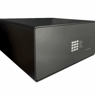 Black electronic safe with a numeric keypad on the door for securing valuables