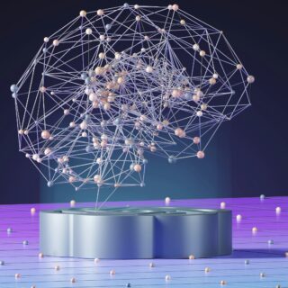 Abstract 3D network of pastel nodes and connecting lines floating above a metallic pedestal on a glossy purple surface.