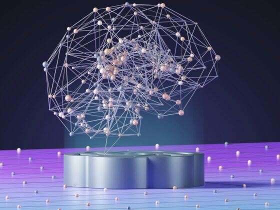 Abstract 3D network of pastel nodes and connecting lines floating above a metallic pedestal on a glossy purple surface.