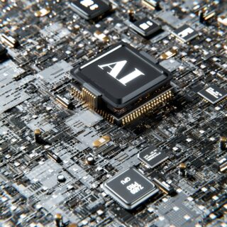 Close-up of a circuit board with a prominent AI microchip at the center.