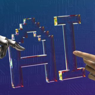 Robotic hand and human hand reaching toward a transparent geometric lattice, symbolizing human–machine collaboration against a blue circuit-board backdrop.