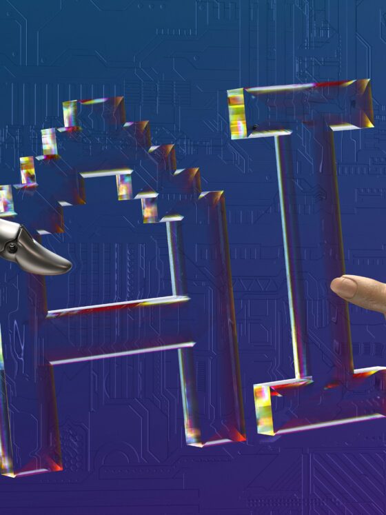 Robotic hand and human hand reaching toward a transparent geometric lattice, symbolizing human–machine collaboration against a blue circuit-board backdrop.