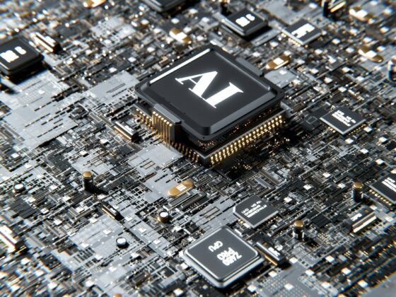 Close-up of a circuit board with a prominent AI microchip at the center.
