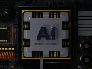 Metal AI chip on a dark circuit board, with large 'AI' and 'Artificial Intelligence' text