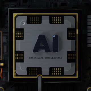Metal AI chip on a dark circuit board, with large 'AI' and 'Artificial Intelligence' text