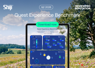 Promotional banner for Guest Experience Benchmark with a tablet dashboard and a Download now button.