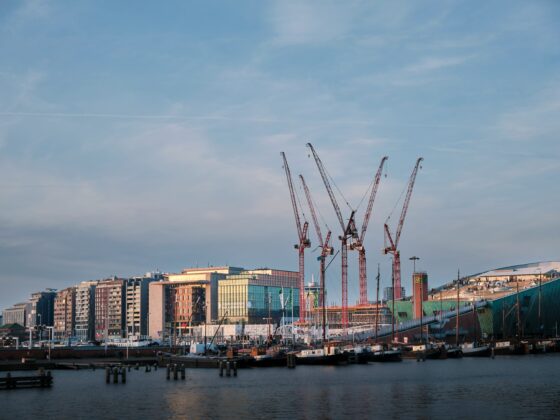 Cluster of red construction cranes rising over a modern waterfront cityscape at dusk.