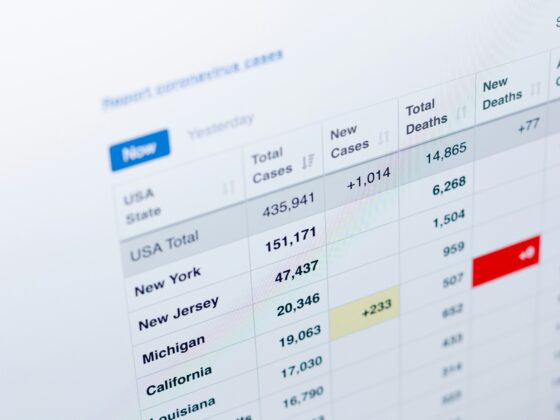 Blurry screenshot of a data table listing states with columns for Total Cases and New Deaths, USA totals.