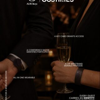 Close-up of two formally dressed people holding a champagne glass, with GCSTIMES branding and VIP wristband messaging over a dark backdrop.