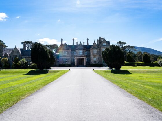 Grand historic manor with stone facade at the end of a gravel driveway, flanked by manicured green lawns and tall trees under a blue sky.