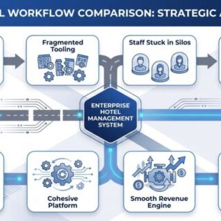 Infographic showing eight strategic approaches feeding into a central Enterprise Hotel Management System hub.