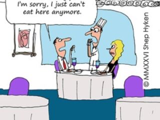 Cartoon of a restaurant scene where a diner complains of hair on the plate; caption warns how one flaw can ruin a restaurant's reputation.