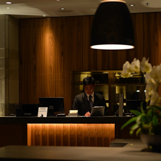 Hotel front desk clerk in a suit works at a dimly lit reception with wooden panels and a foreground orchid arrangement.