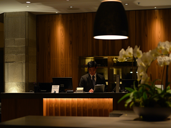 Hotel front desk clerk in a suit works at a dimly lit reception with wooden panels and a foreground orchid arrangement.