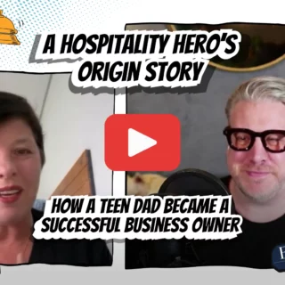 Comic-style video thumbnail with two hosts on split screen, title 'A Hospitality Hero's Origin Story', and a central red play button.