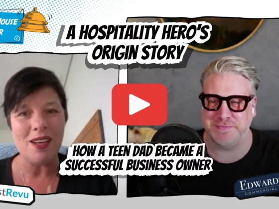 Comic-style video thumbnail with two hosts on split screen, title 'A Hospitality Hero's Origin Story', and a central red play button.