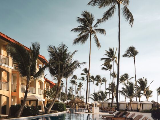 Resort poolside scene with tall palm trees, wooden lounge chairs, and orange-tinted buildings in the background