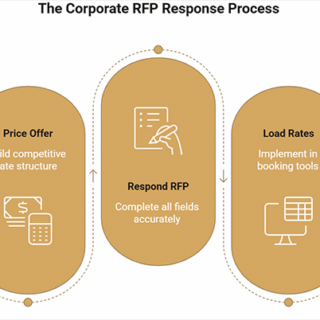 Flowchart titled The Corporate RFP Response Process showing five rounded stages from Qualify RFP to Audit Rates.