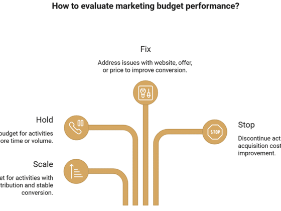Diagram for evaluating marketing budget: Fix issues, Hold budget, Scale up, or Stop costly activities.