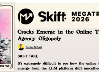 Left: 'The Splinted Throne' tarot card; Right: Skift Megatrends 2026 header with article title about online travel agency oligopoly.
